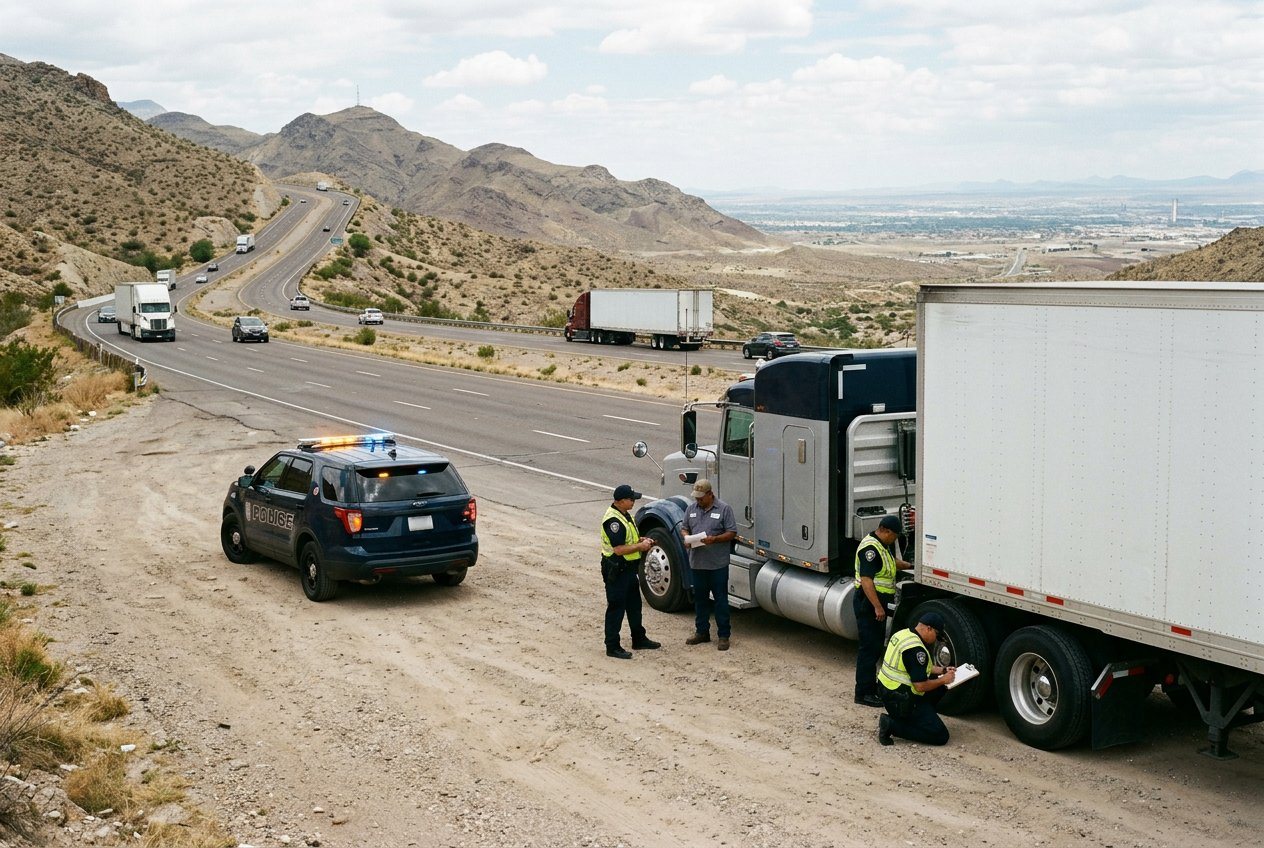 El Paso Police Inspect Trucks Along Transmountain Road