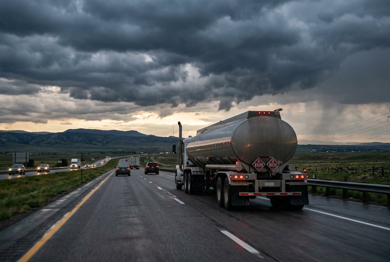 Tanker truck on a highway under storm clouds